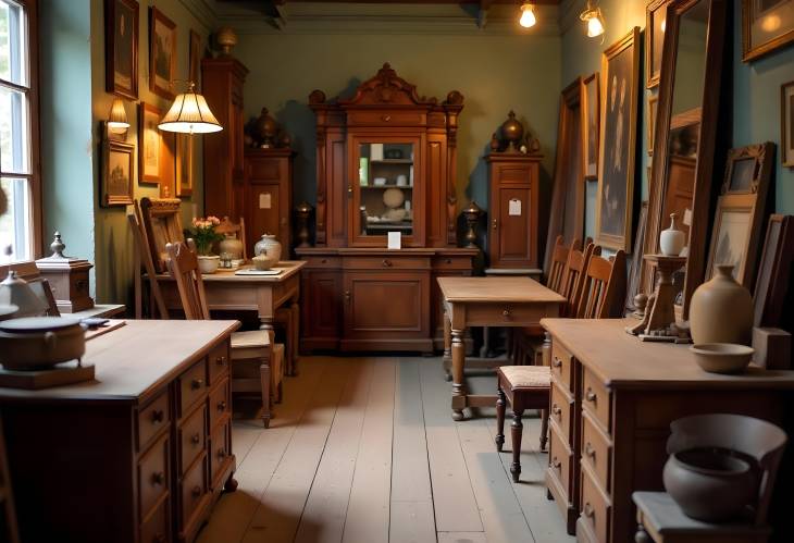 Rustic Antique Wooden Furniture in a Vintage Shop